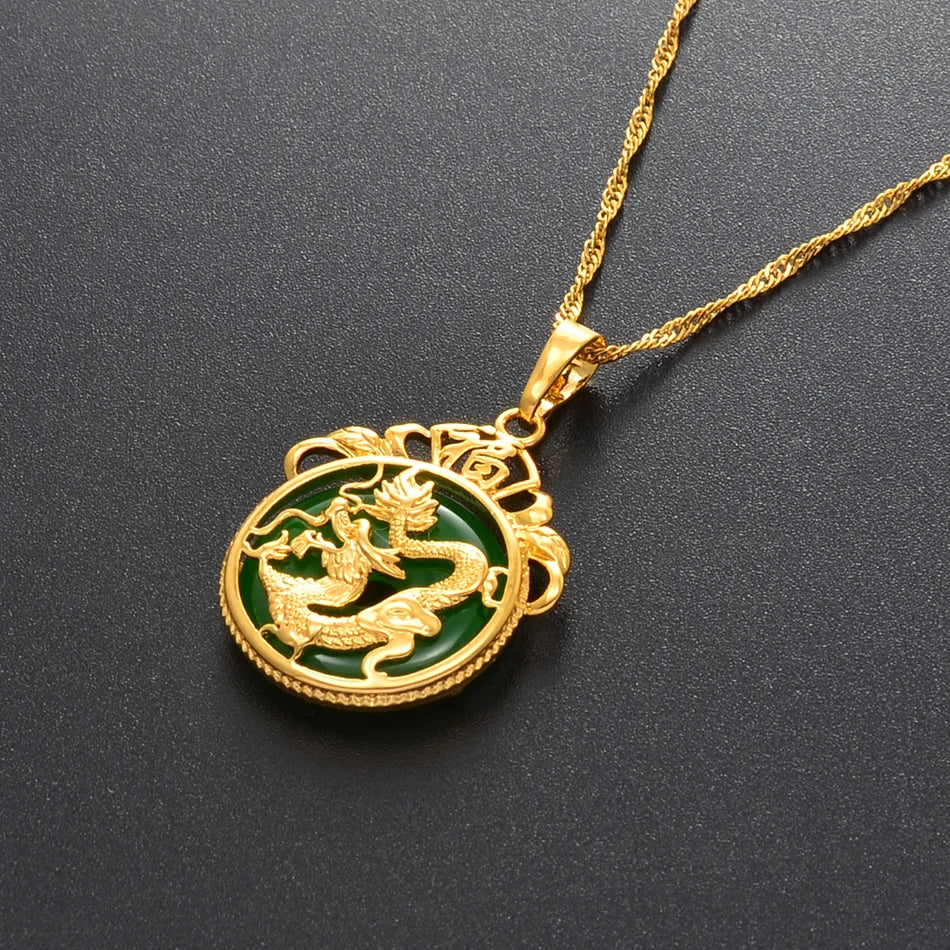 Anniyo Green Stone Dragon Pendant Necklace - Image 6