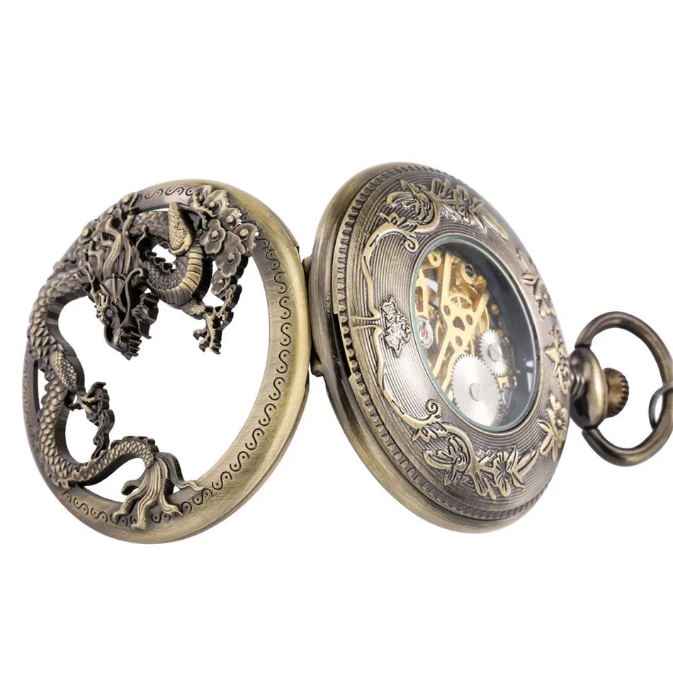 Bronze Hollow Dragon Half Hunter Mechanical Pocket Watch - Image 5