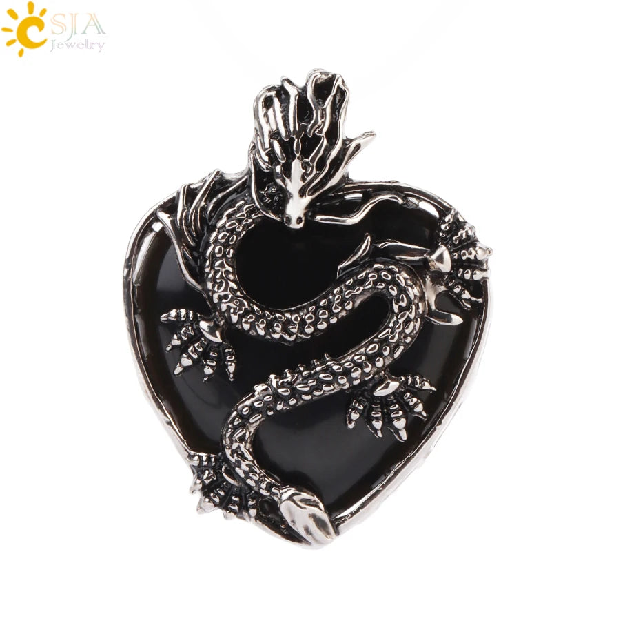 CSJA Double Dragon Necklace – Natural Stone Heart Crystal Pendant Amulet for Men & Women | Halloween Jewelry Gift H238 - Image 26