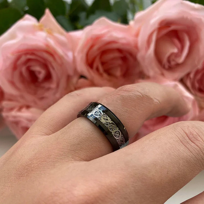 Classic 8mm Black Tungsten Celtic Dragon Ring - Image 6