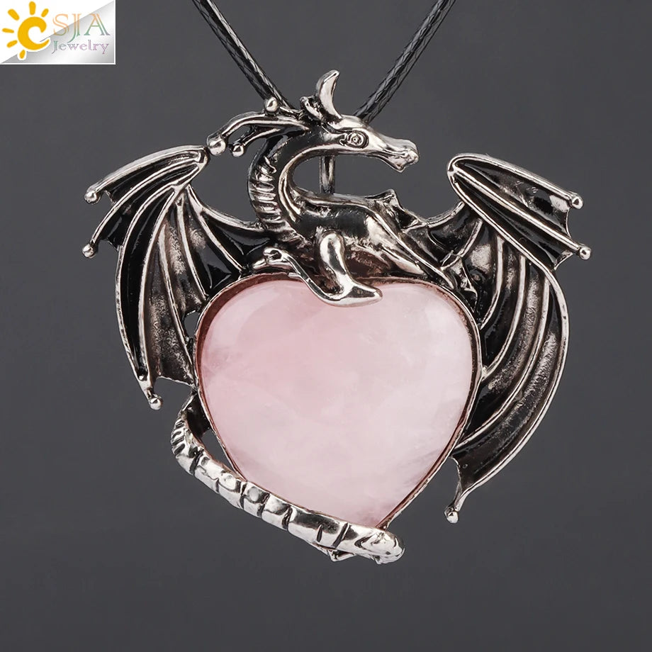 CSJA Double Dragon Necklace – Natural Stone Heart Crystal Pendant Amulet for Men & Women | Halloween Jewelry Gift H238 - Image 13