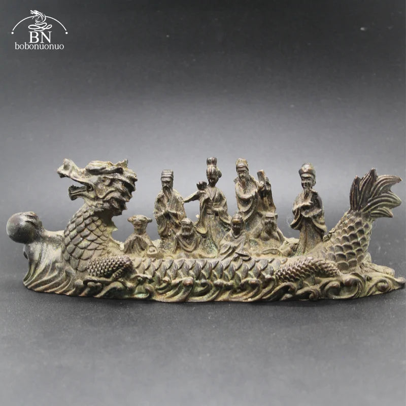 Antique Copper Dragon Boat Eight Immortals Statue – Desktop Ornament, Feng Shui Figurine & Home Decor Accessory