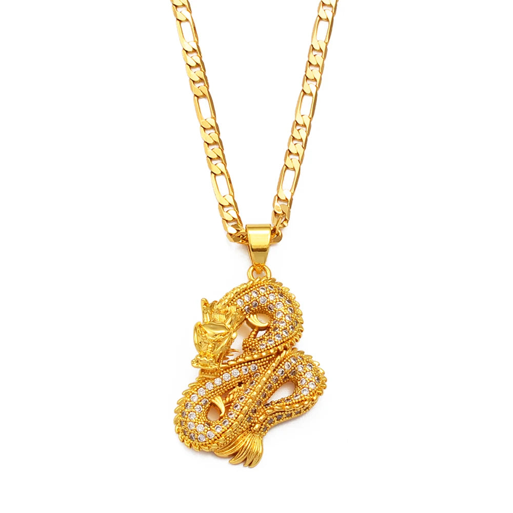 Anniyo Dragon Pendant Necklace – Gold Color Jewelry with Cubic Zirconia for Women & Men - Image 2