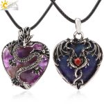 CSJA Double Dragon Necklace – Natural Stone Heart Crystal Pendant Amulet for Men & Women | Halloween Jewelry Gift H238