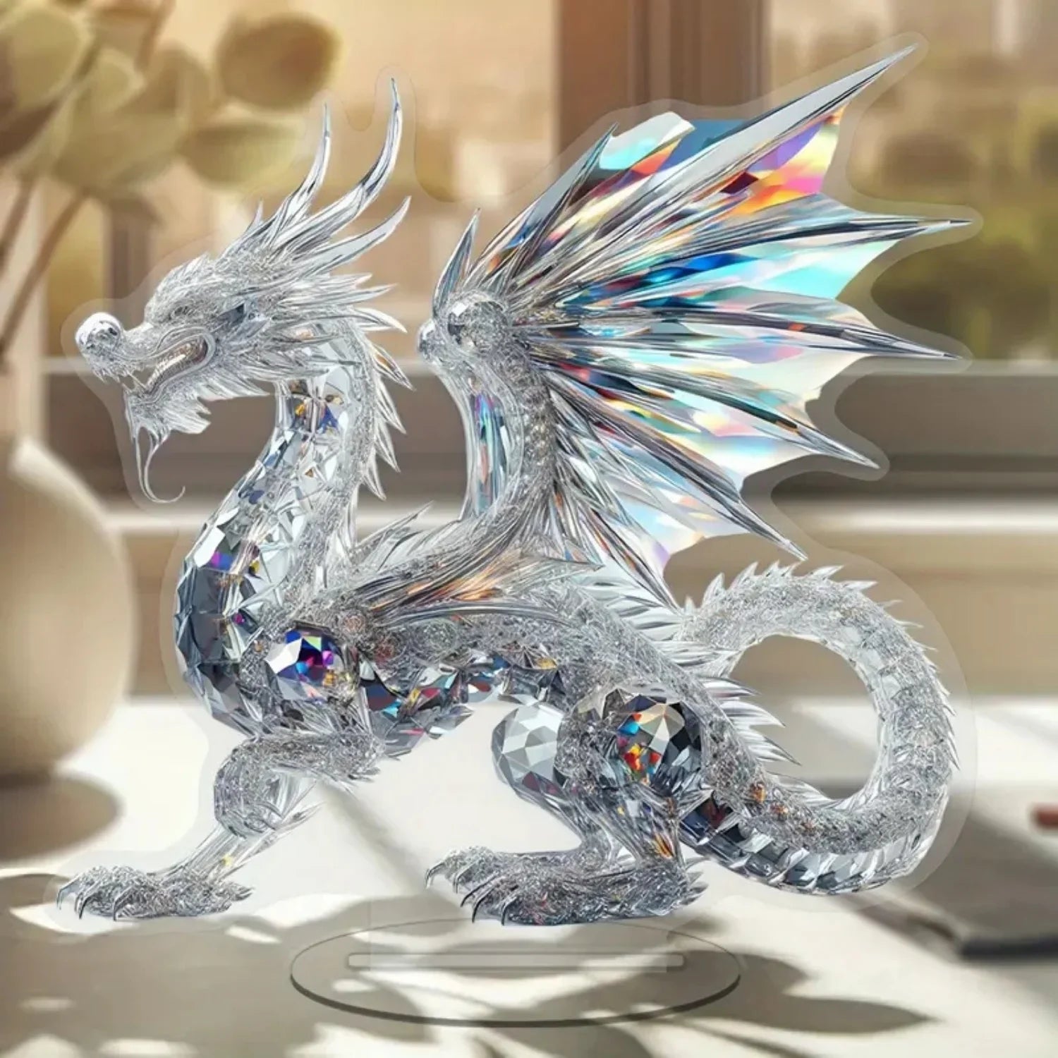 Acrylic White Crystal Dragon Statue – 2D Flat Figurine for Home & Office Decor - Image 5