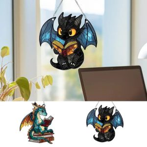 2D Stained Acrylic Dragon Sun Catcher – Book Dragon Light Catcher for Window, Wall, or Christmas Tree Decoration