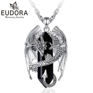 Eudora Dragon Twining Hexagonal Obsidian Necklace – Punk Crystal Pendant & Healing Stone Jewelry Gift for Men