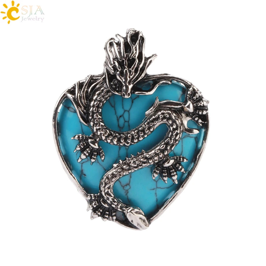 CSJA Double Dragon Necklace – Natural Stone Heart Crystal Pendant Amulet for Men & Women | Halloween Jewelry Gift H238 - Image 10