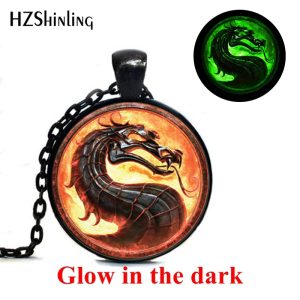 2019 Fashion Mortal Kombat Dragon Necklace – Glow-in-the-Dark Glass Dome Pendant