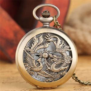 Antique Double Dragons Playing with Beads Pattern Quartz Pocket Watch – Vintage Necklace Chain Gift for Men, Women & Kids